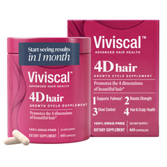 Viviscal 4D hair supplement bottle front showing the product and promise of fuller strands
