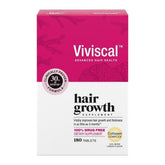Viviscal bottle with 180 tablets promotes healthier, fuller hair.