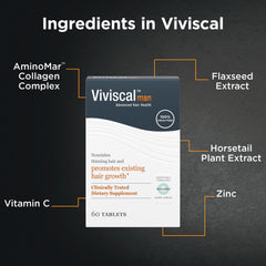 Viviscal Man packaging front displays a 60-tablet one-month supply.