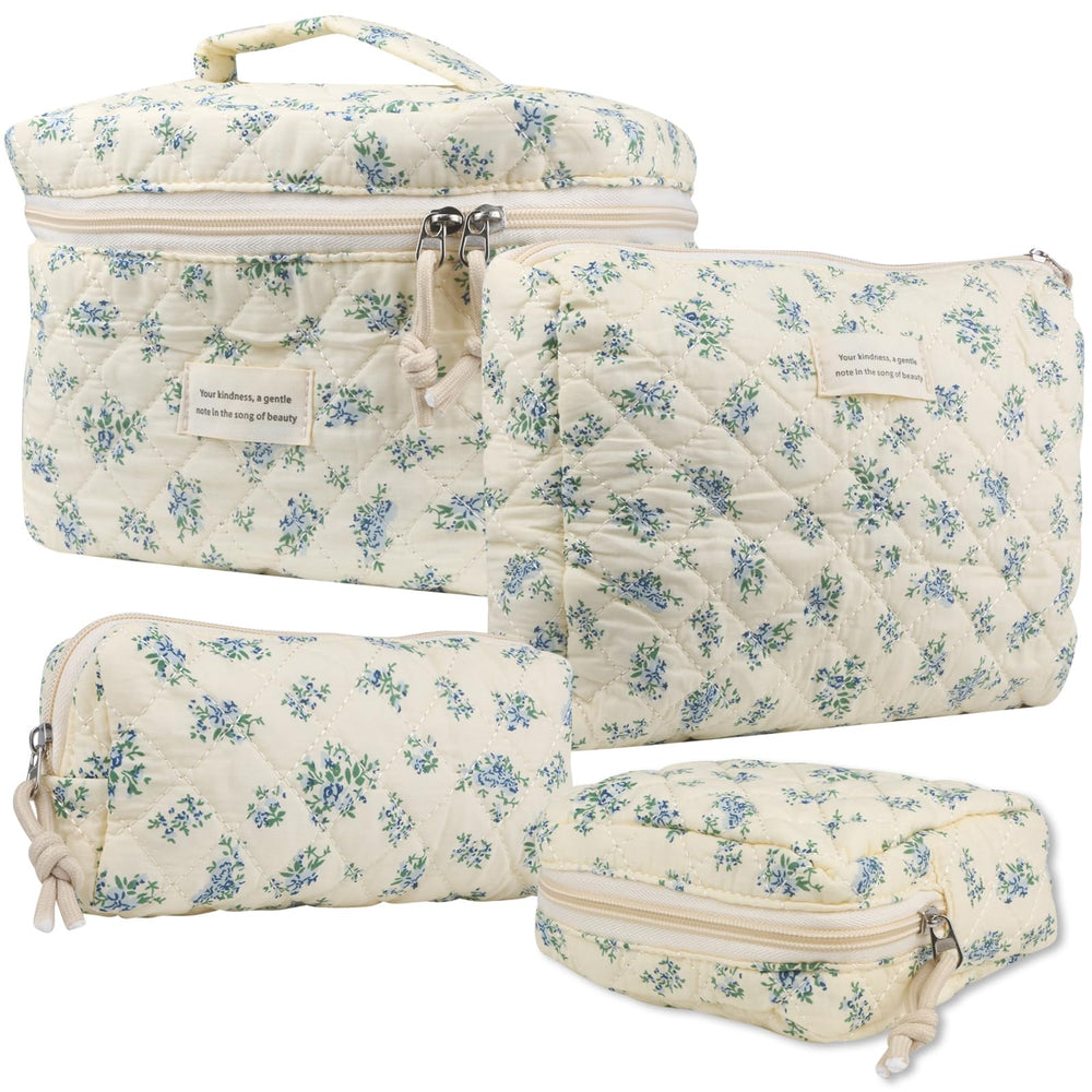 VIWIME makeup bag with cotton quilted blue rose texture for stylish travel storage.