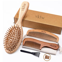 VKLW wooden hair brush front view showing rounded bristles for gentle detangling