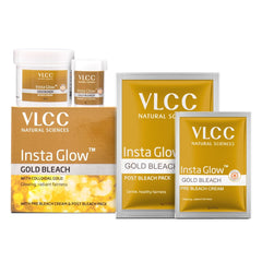 VLCC Insta Gold blanqueador en envase; fácil aplicación y resultados suaves.