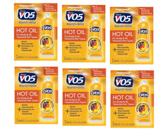 VO5 Hot Oil Therapy six-pack packaging shown for convenient weekly use.