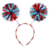 Diadema Vonlynfay con pom-pom rojo y azul, ideal para fiestas y celebraciones.