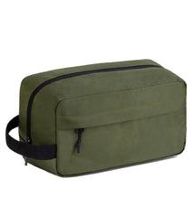 Vorspack travel toiletry bag in army green hanging on a hook for organized packing.