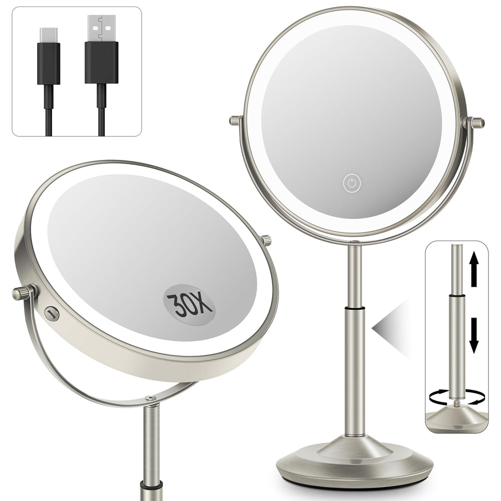 VPU makeup mirror with lights double sided 30X 1X for precise makeup detail