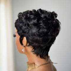 VRZ Pixie Cut Wig in natural black color blends with many tones.