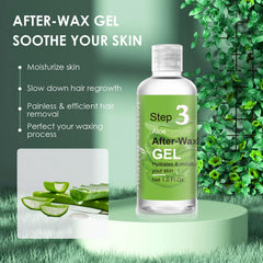 Vueyaa smoothing fluid bottles and sponges for a balanced waxing routine.