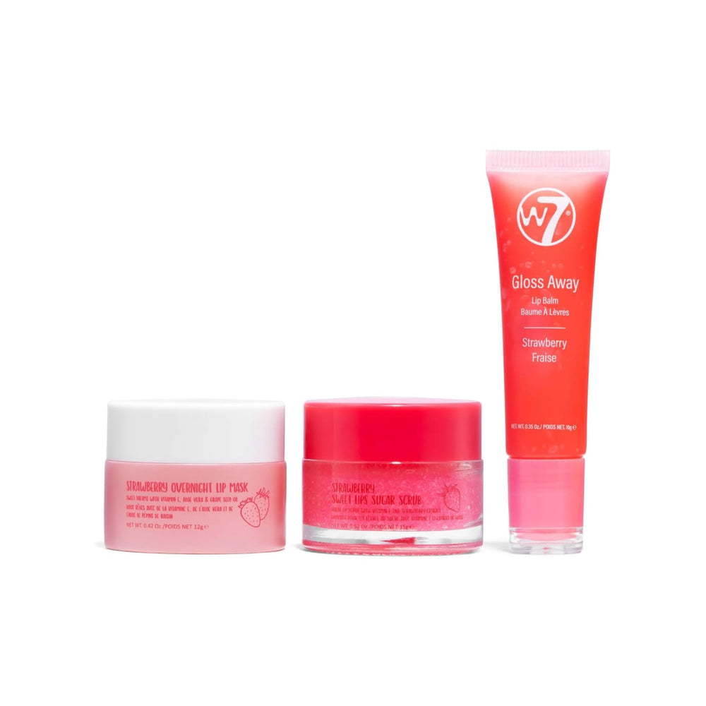 Labial W7 exfoliante con azúcar, vitamina E y fresa para suavidad.