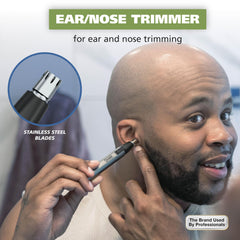 Wahl Micro Groomsman eyebrow guide demonstrates symmetrical brow shaping.
