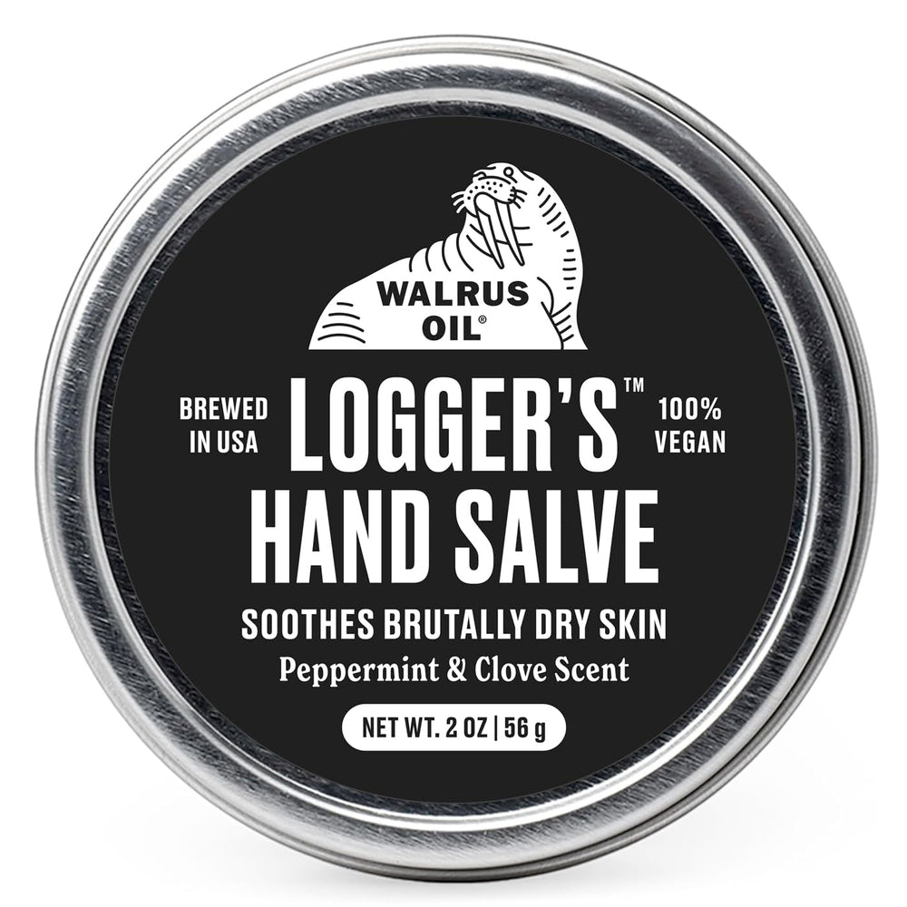 Walrus Oil Logger's Hand Salve jar shows creamy vegan formula for dry hands.