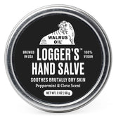 Walrus Oil Logger's Hand Salve jar shows creamy vegan formula for dry hands.