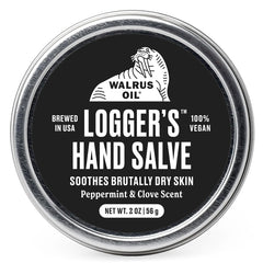 Walrus Oil Logger's Hand Salve jar shows creamy vegan formula for dry hands.