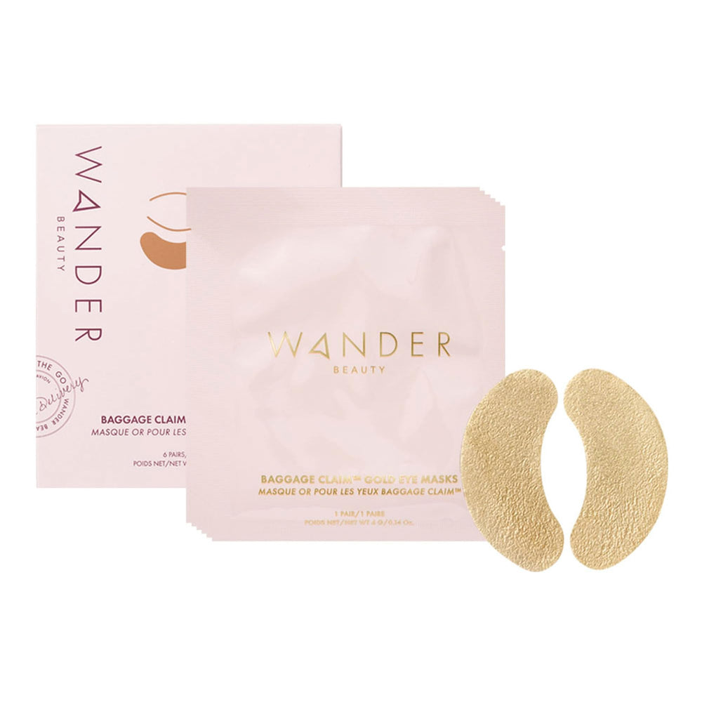 Wander Beauty Baggage Claim gold foil under-eye patch pack for brightening and hydration.