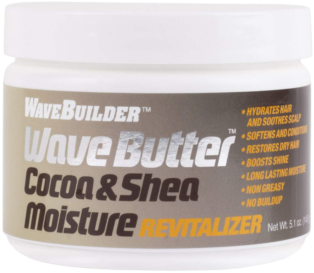 Wavebuilder Cocoa and Shea Wave Butter jar moisturizes wavy hair with rich texture.