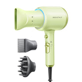 Wavytalk hair dryer green with diffuser in use for frizz control and shine.