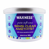 Waxness Sensi Clear Amethyst wax tin showing transparent gel texture for precise strip waxing