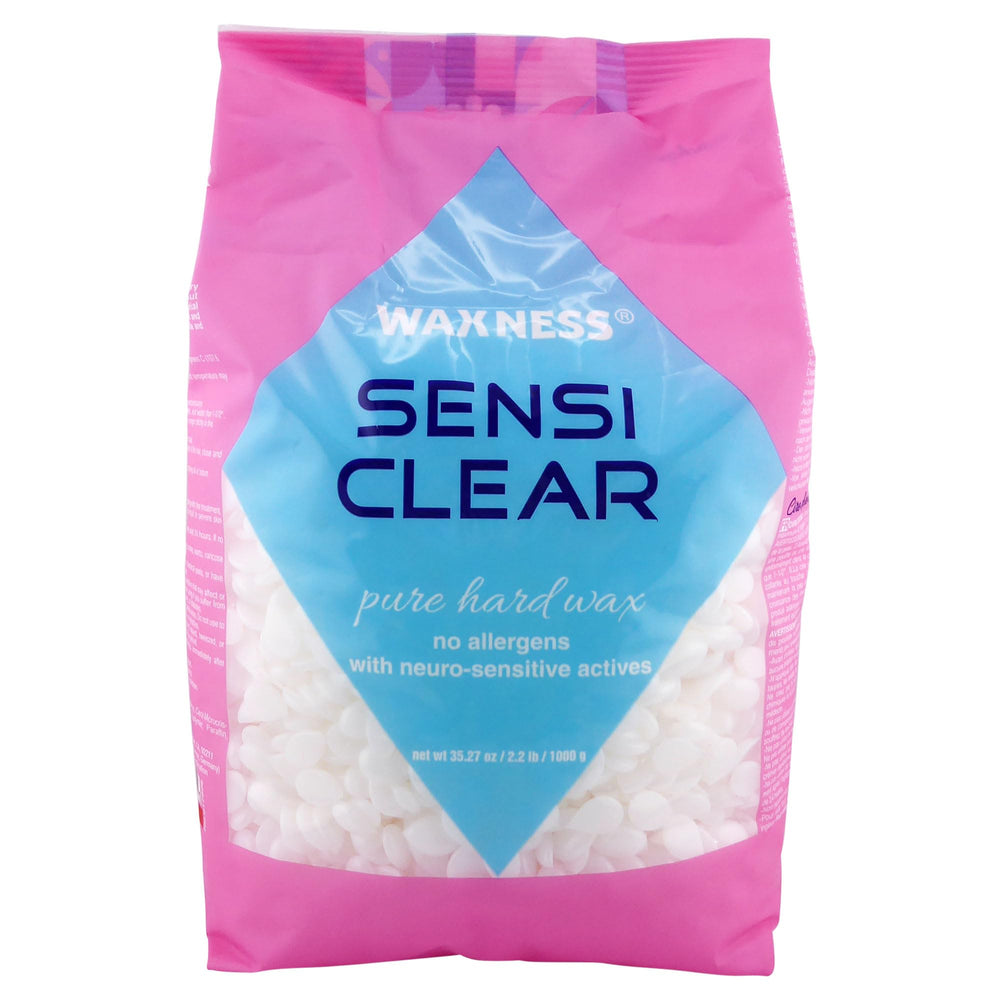 Waxness Sensi Clear hard wax beads for precise stripless hair removal on face and body.