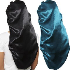 Wbfwbb satin bonnet in black for long hair protection during sleep.