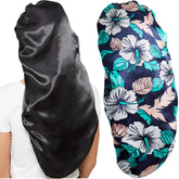 Wbfwbb silk bonnet black satin for gentle nightly hair protection.