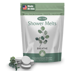 We-Tab pastillas para ducha en empaque destacado para aromaterapia diaria.