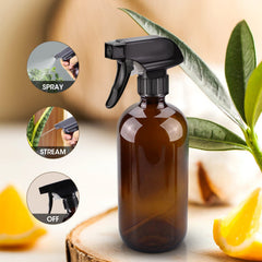 Wedama amber glass spray bottle side view, sturdy glass and comfortable grip.