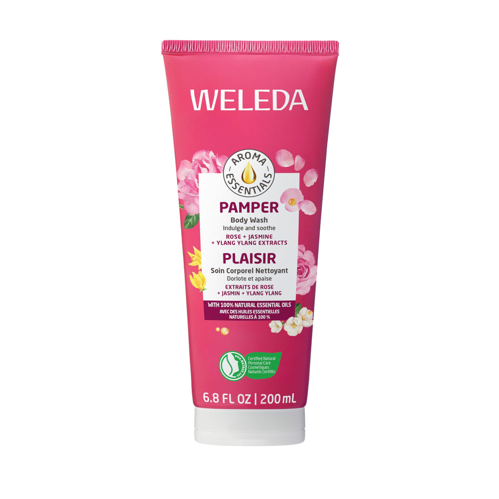Weleda gel de ducha cremoso de la línea Aroma Esenciales, botella visible para uso diario.
