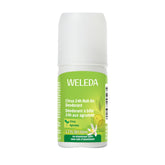 Weleda desodorante rodillo 24h cítrico amarillo, botella visible, protección duradera para el día.