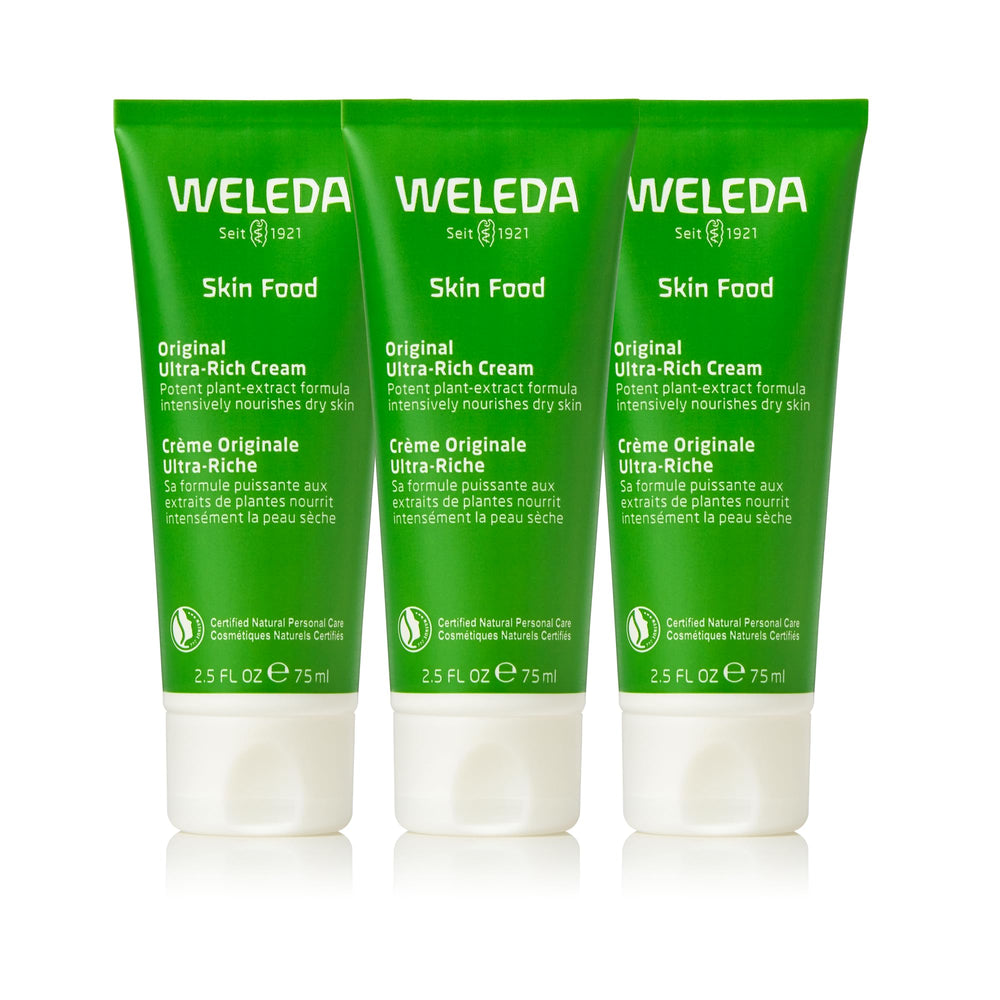 Weleda Skin Food Original jar close-up shows a rich moisturizer for dry skin.