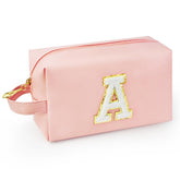 WEMVP initial makeup bag in pink front view for on-the-go personalized style.