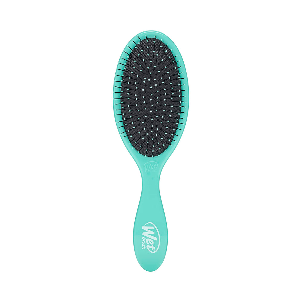 Wet Brush Original Detangler aqua packaging demonstrates effortless detangling for all hair types.