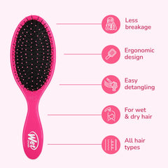 Wet Brush Original Detangler pink-purple bristles close-up, IntelliFlex glide through tangles