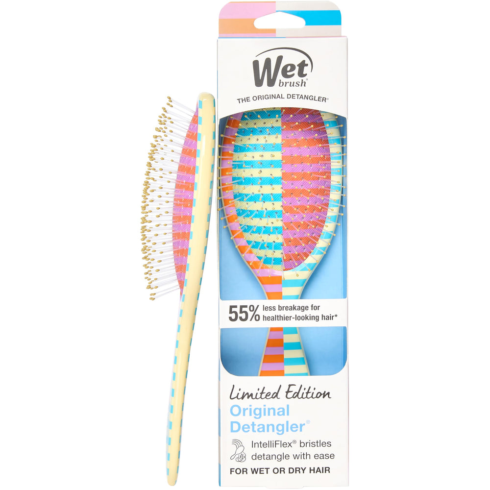 Wet Brush Original Detangler red-striped close-up showing gentle detangling on wet hair.