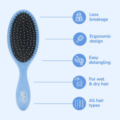 Wet Brush Original Detangler Sky used on dry hair for painless brushing.