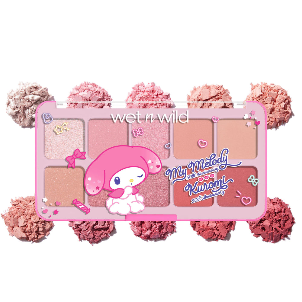 wet n wild paleta My Melody Kuromi frente del empaque, ideal para inspiración de looks suaves.