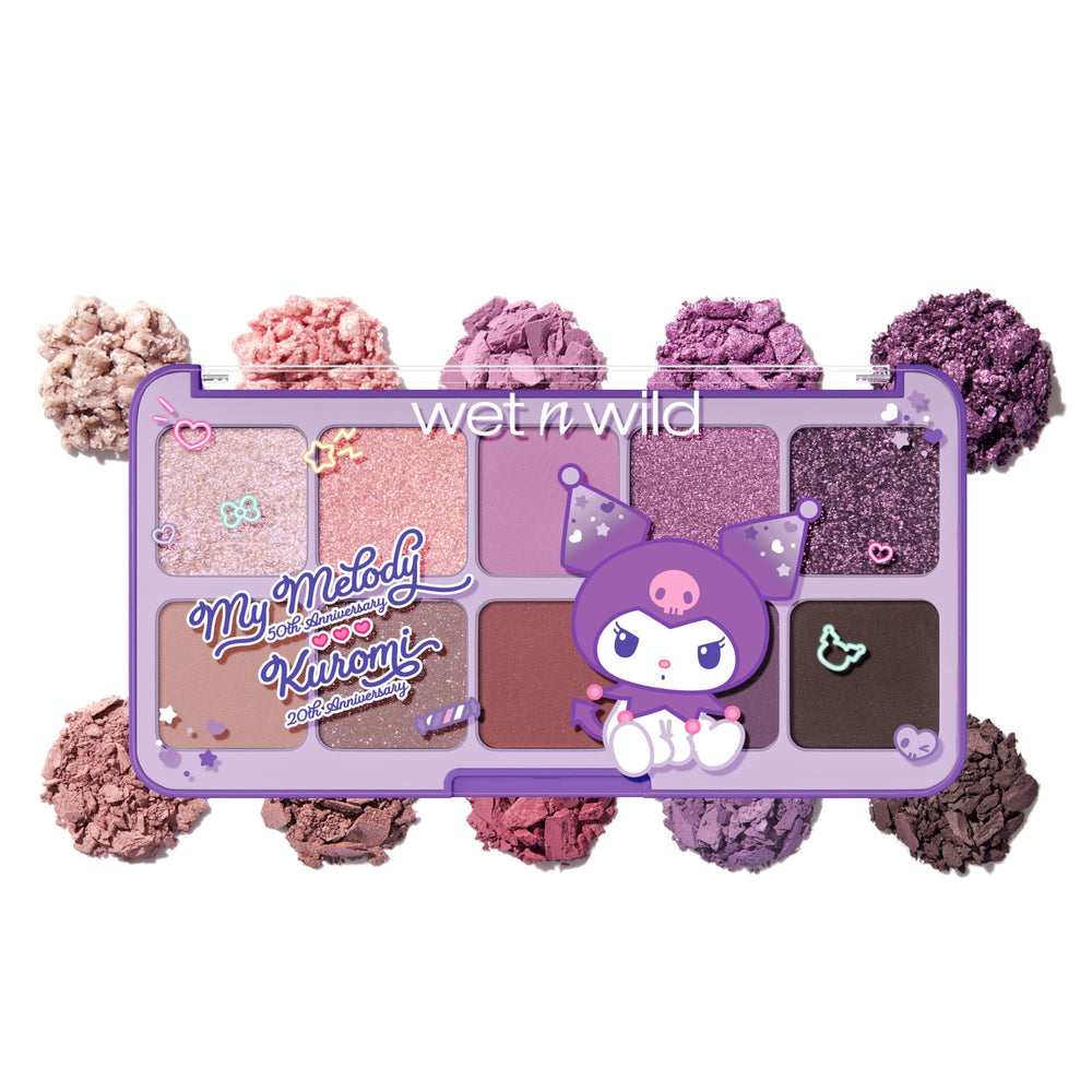 Paleta wet n wild My Melody y Kuromi, vista abierta para looks versátiles.