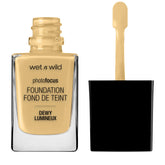 Wet n Wild Photo Focus Dewy Foundation Golden Beige bottle showing natural glow finish