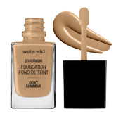 wet n wild Photo Focus Dewy Liquid Foundation Amber Beige bottle shows radiant finish