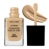 Wet n Wild Photo Focus Dewy Foundation Bronze Beige bottle shows radiant, natural finish.