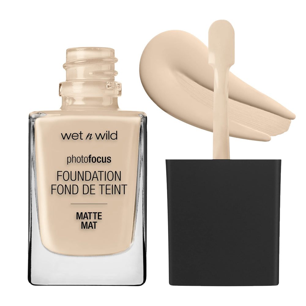 Wet n Wild Photo Focus Foundation bottle pump shows long-lasting matte coverage for all skin tones.
