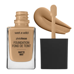 wet n wild Photo Focus Matte Foundation Desert Beige bottle under soft lighting for accurate color.