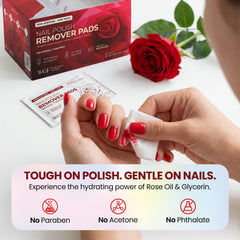 Discos sin acetona con aceite de rosa de WGF PROFESSIONAL NAIL CARE para uñas protegidas.