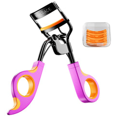 Whalrace eyelash curler front view with orange-purple handle for precise curling
