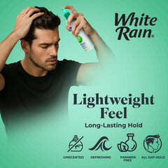 White Rain spray fijador con protección contra humedad y extractos botánicos para cabello saludable.