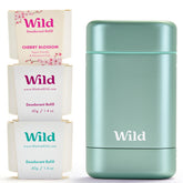 Wild aluminum-free deodorant starter kit with aqua case for easy long-term reuse.