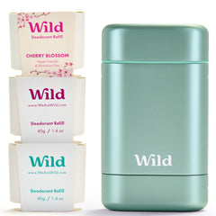 Wild aluminum-free deodorant starter kit with aqua case for easy long-term reuse.
