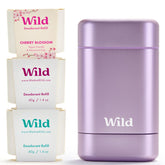 Wild starter kit with purple case for reusable deodorant in a sleek design