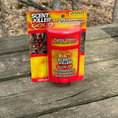 Scent Killer Gold de Wildlife Research Center, frente del envase, diseño práctico para caza.