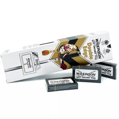 Wilkinson Sword Classic DE blades packaging varies for easy replacement in traditional razors.
