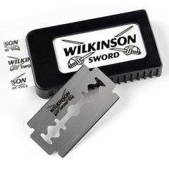 Wilkinson Sword Classic double-edge blades closeup-edge showcases sharpness for precise grooming.
